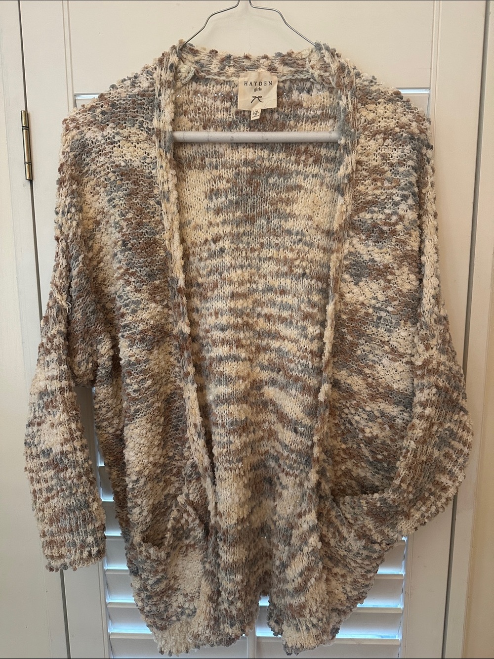Hayden Marled Open-Front Chunky Cardigan in Cream, Beige & Gray L/XL